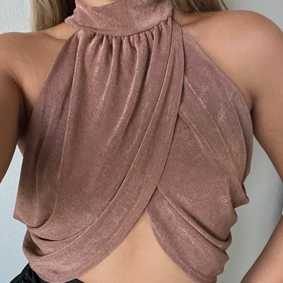 Elegant Halter Neck Drape Top - Brown - Picture 3 of 3